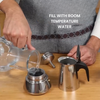 Water being poured from a glass pitcher into a metal Moka Pot base. Text says Fill with room temperature water.