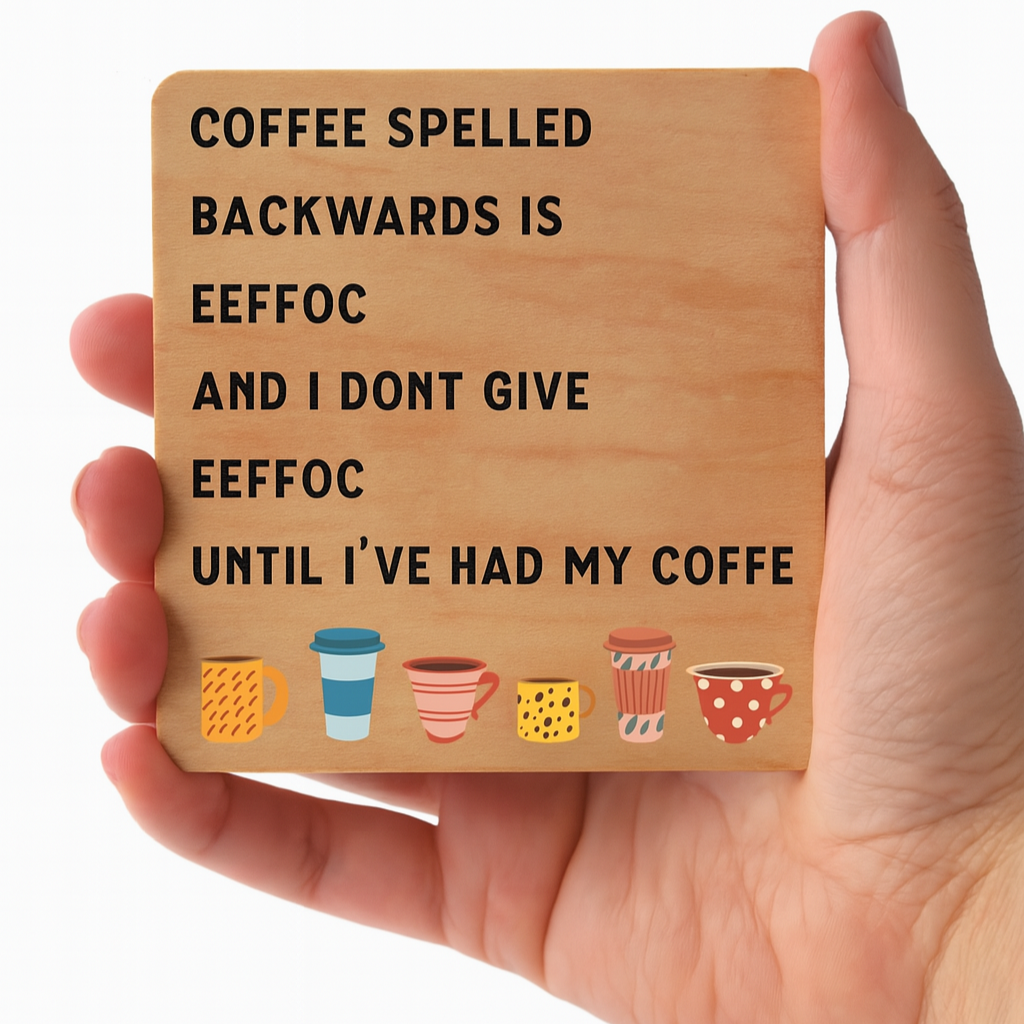 Funny Wooden Coffee Coasters – 4" UV-Printed with Cork Backing (2 Hilarious Designs)