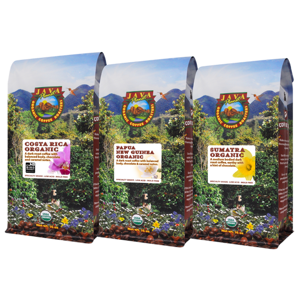 Three Java Planet coffee bags: Costa Rica Organic, Papua New Guinea Organic, and Sumatra Organic, 16 oz each.