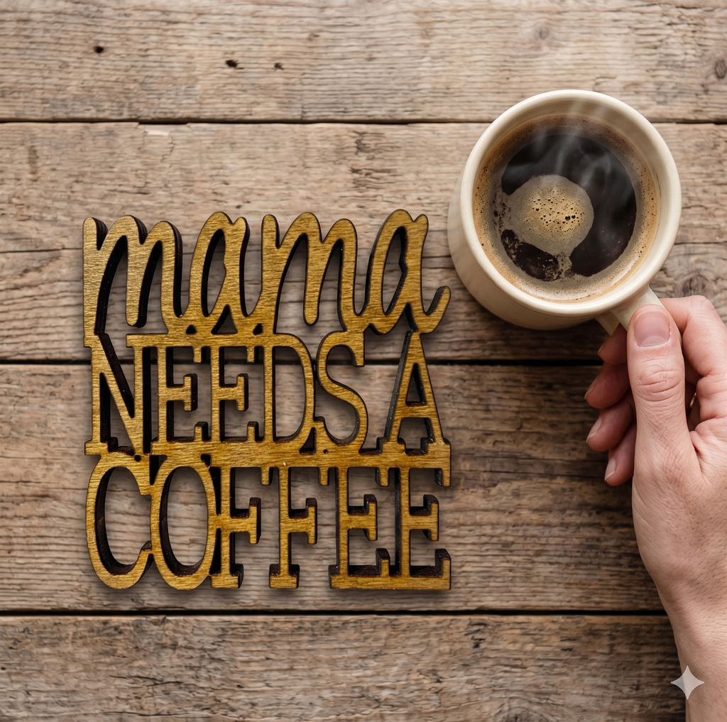 laser cut wooden coaster 'Mama needs a coffee' on a table with a person holding a cup of coffee