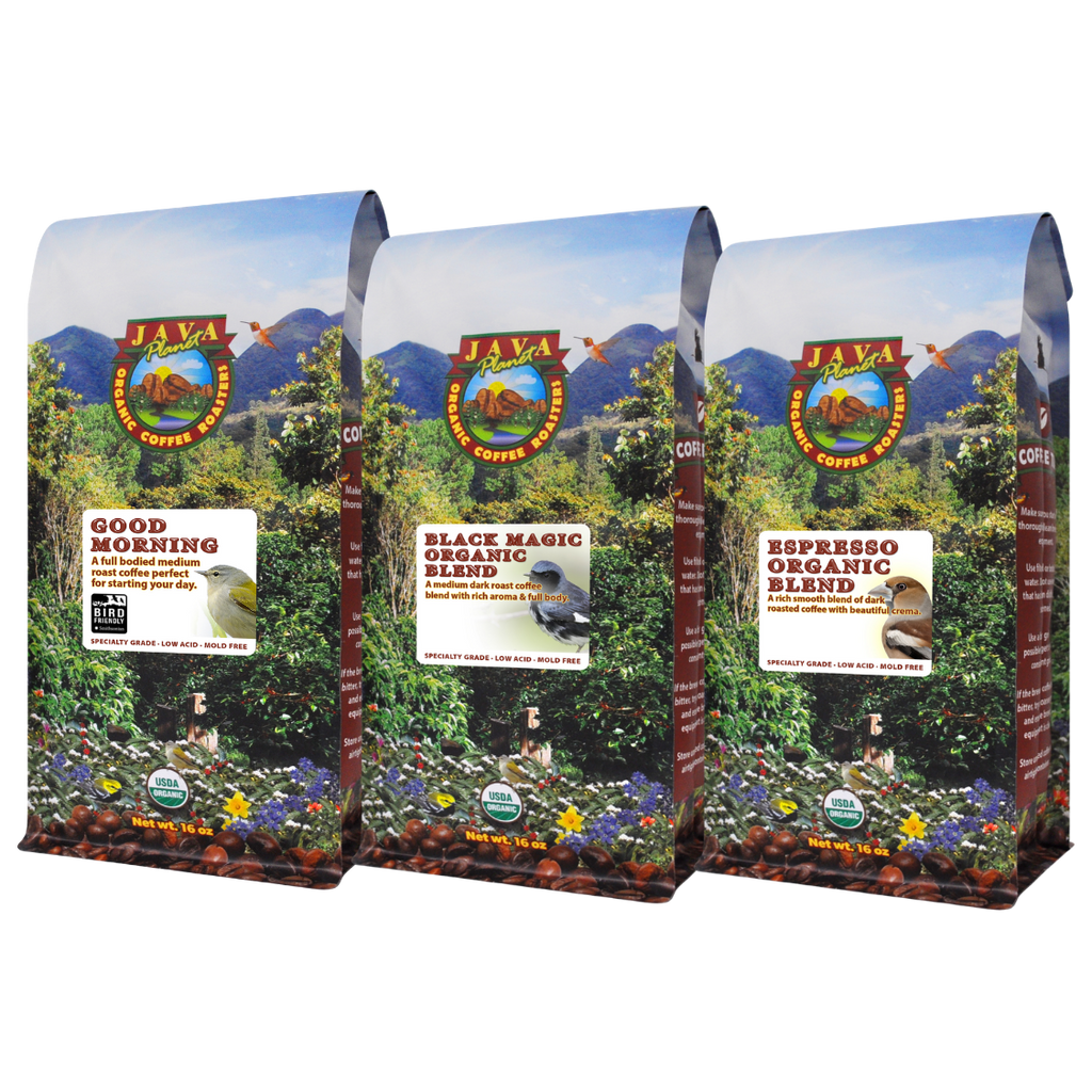 Three Java Planet coffee bags: Good Morning, Black Magic Organic Blend, and Espresso Organic Blend 16 oz bags.