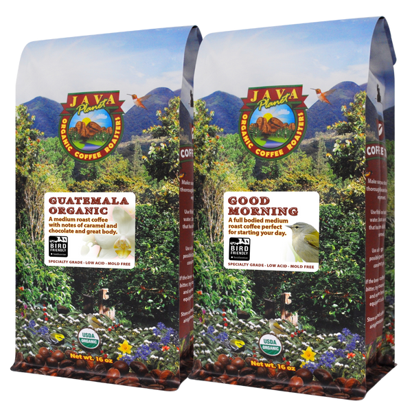 Java Planet Coffee medium roast set featuring Guatemala and Good Morning blends