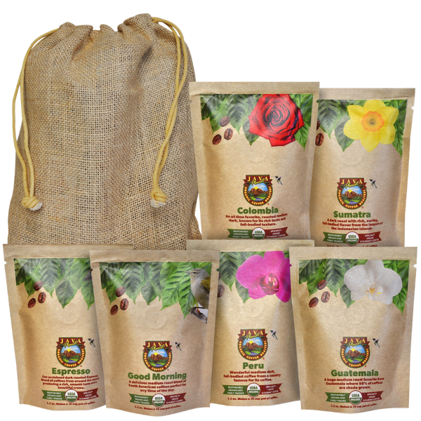 Java Planet Gourmet Coffee Sampler with Burlap gift bag — 6-pack of 3.2oz organic whole bean coffee bags