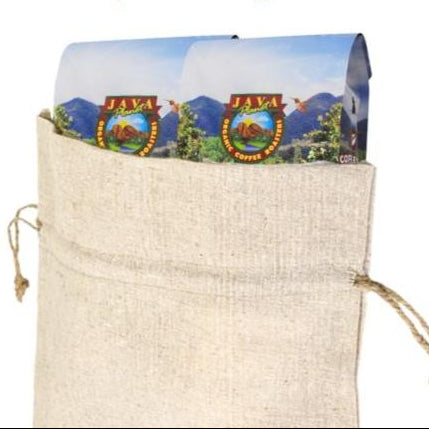 Linen gift wrap bag with two pounds of coffee