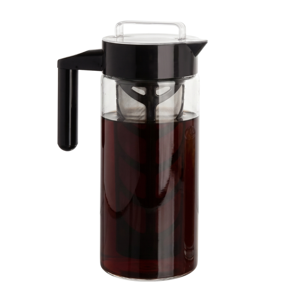 Cylindrical glass pitcher with a black plastic handle and lid, containing a metal mesh filter and dark liquid.