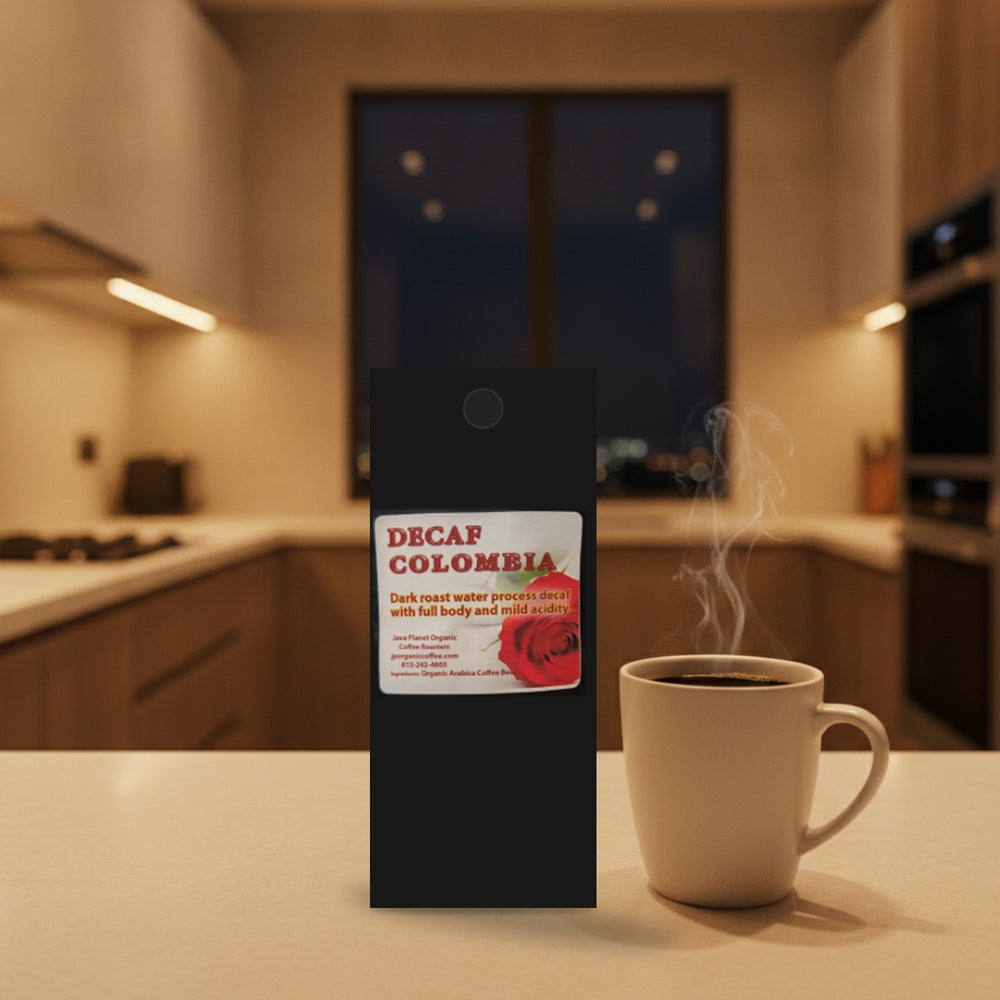 Decaf Colombia Roasters Special on a kitchen counter with a steaming cup of coffee