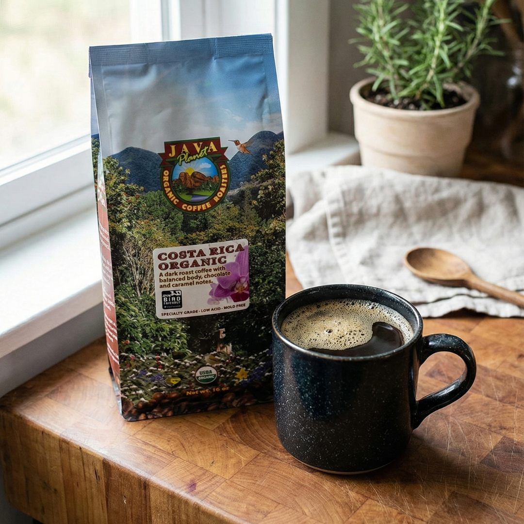 Costa Rica Organic coffee bag beside a brewed cup